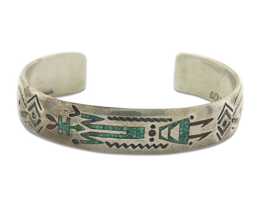 Navajo Bracelet 925 Silver Inlaid Turquoise Coral Artist Signed Stanley Bain C80
