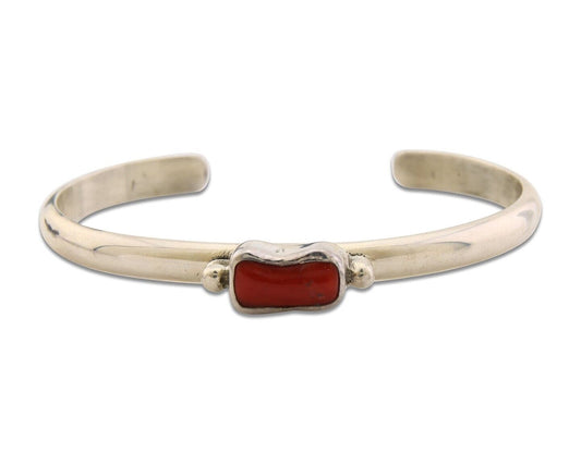 Navajo Bracelet .925 Silver Mediterranean Red Coral Cuff Native Artist C.80's