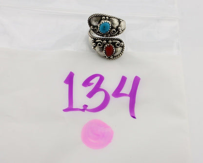 Navajo Adjustable Ring 925 Silver Turquoise & Coral Artist Signed Gecko C.80's
