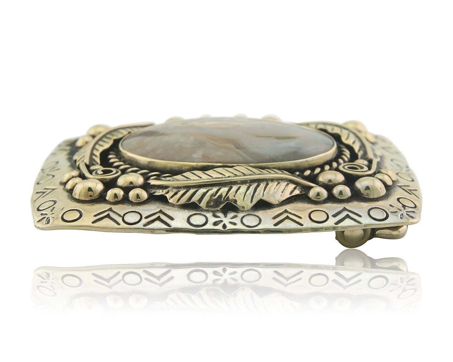 Navajo Belt Buckle .999 Nickel Agate Native Artist Handmade 2.5 x 3.0 in C.80s