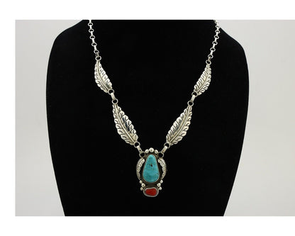 Navajo Necklace 925 Silver Turquoise & Coral Artist Signed Rabbit Stick C.2008