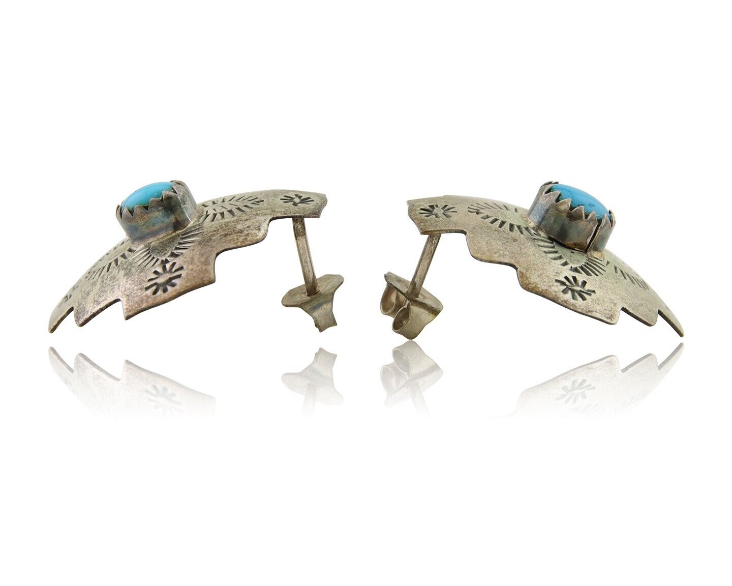 Navajo Hand Stamped Earrings 925 Silver Turquoise Native American Artist C.80's