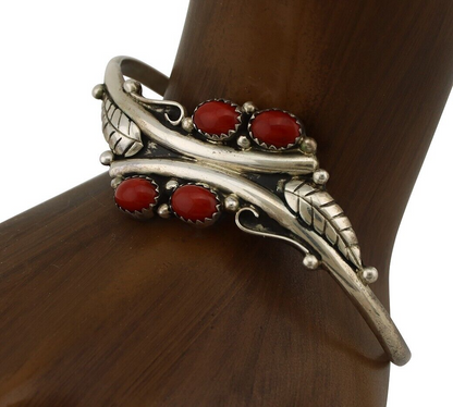 Navajo Bracelet 925 Silver Natural Red Coral Artist Signed MA WYLIE C.80's