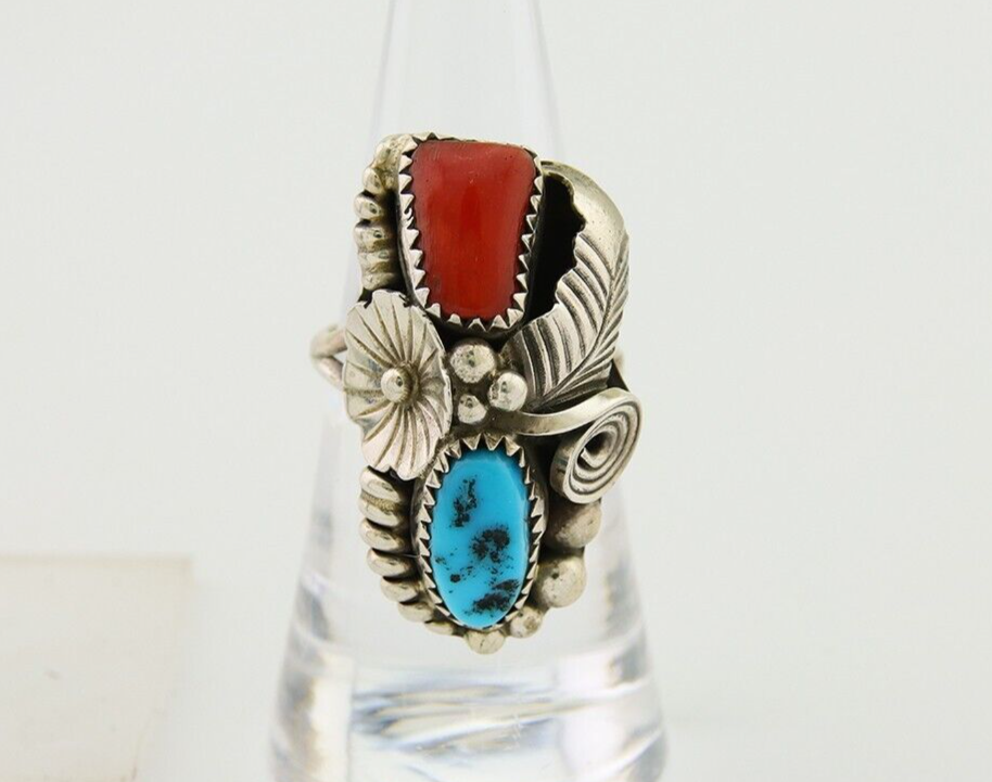 Navajo Handmade Ring 925 Silver Coral & Turquoise Signed Circle Max C.80's