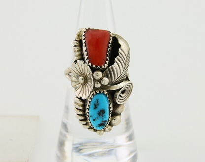 Navajo Handmade Ring 925 Silver Coral & Turquoise Signed Circle Max C.80's