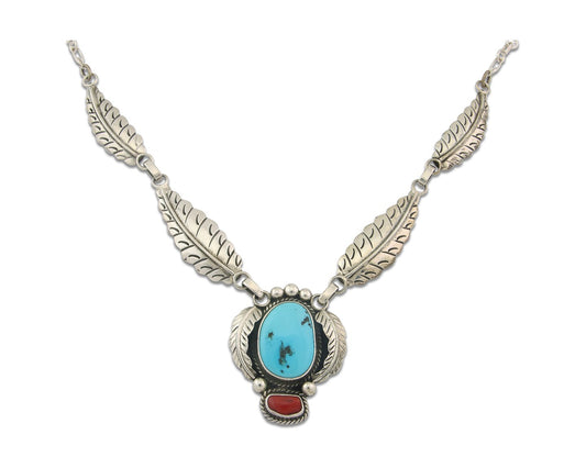 Vintage Navajo Necklace 925 Silver Coral & Turquoise Signed Sunrise Handmade