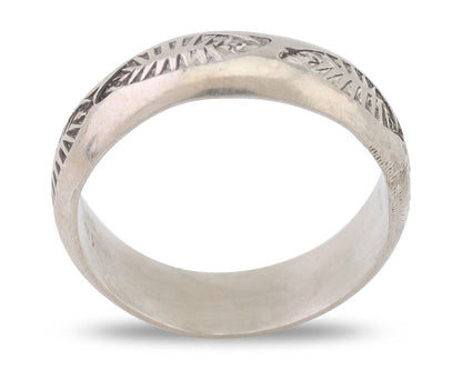 Navajo Hand Stamped Band 925 Silver 6.0 mm Signed Larry Chavez Size 9.25 C.80's