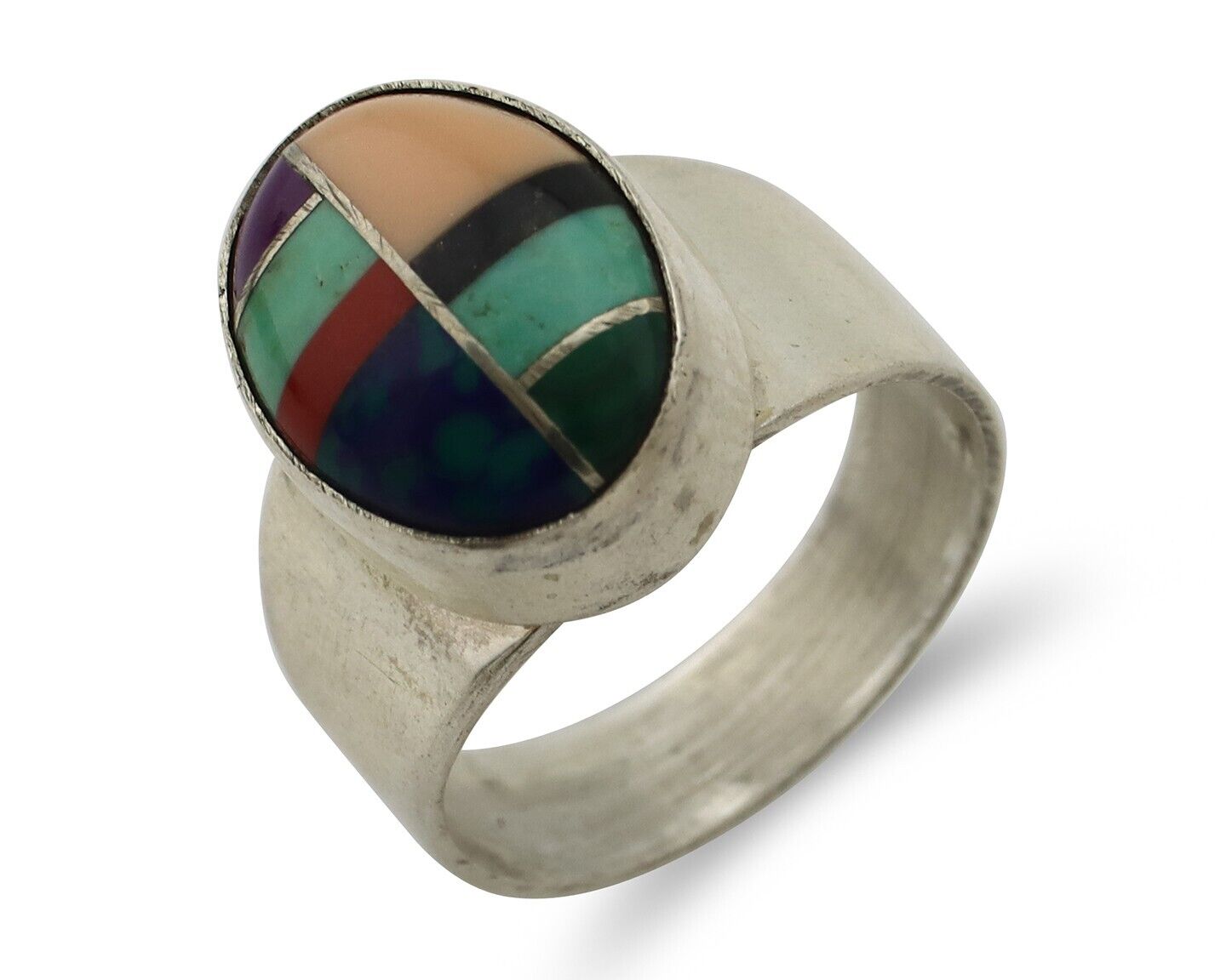 Zuni Inlaid Ring 925 Silver Mixed Natural Gemstones Native American Artist C.80s