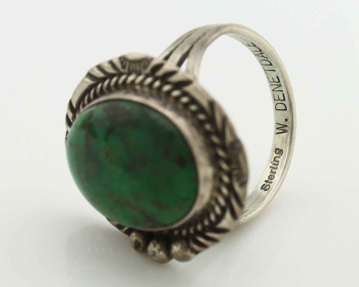 Navajo Ring 925 Silver Green Turquoise Artist Signed William Denetdale C.80's