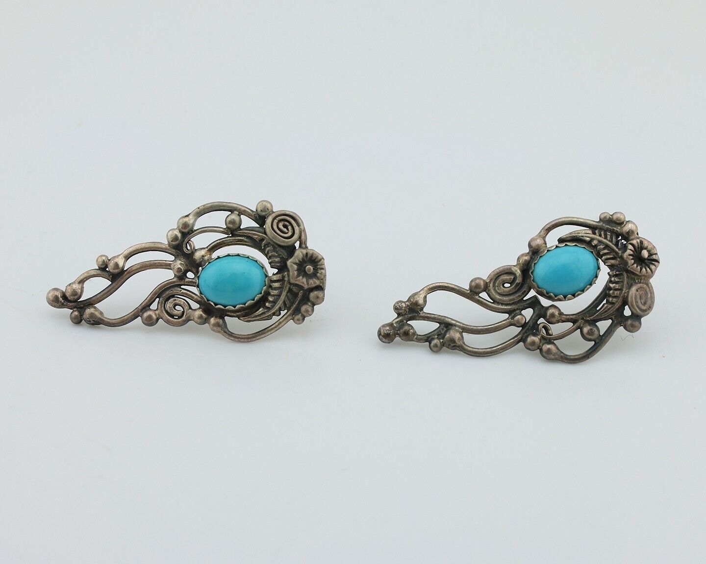 Navajo Earrings 925 Silver Natural Blue Turquoise Native American Artist C.80s