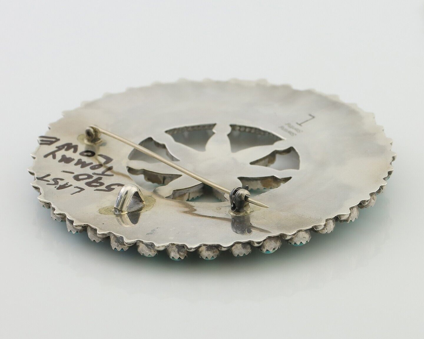 Navajo Pin Pendant 925 Silver Blue Turquoise Signed Tommy Lowe C.80's