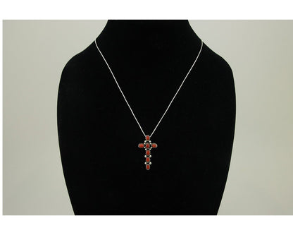 Navajo Cross Necklace 925 Silver Mediterranean Coral Native American Artist C80s