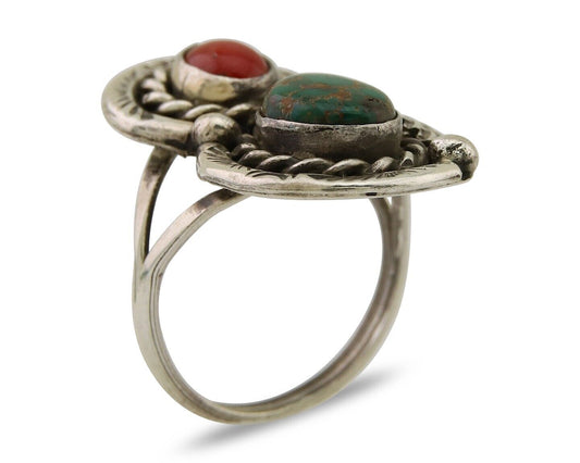 Navajo Handmade Ring 925 Silver Turquoise & Coral Native Artist C.80's