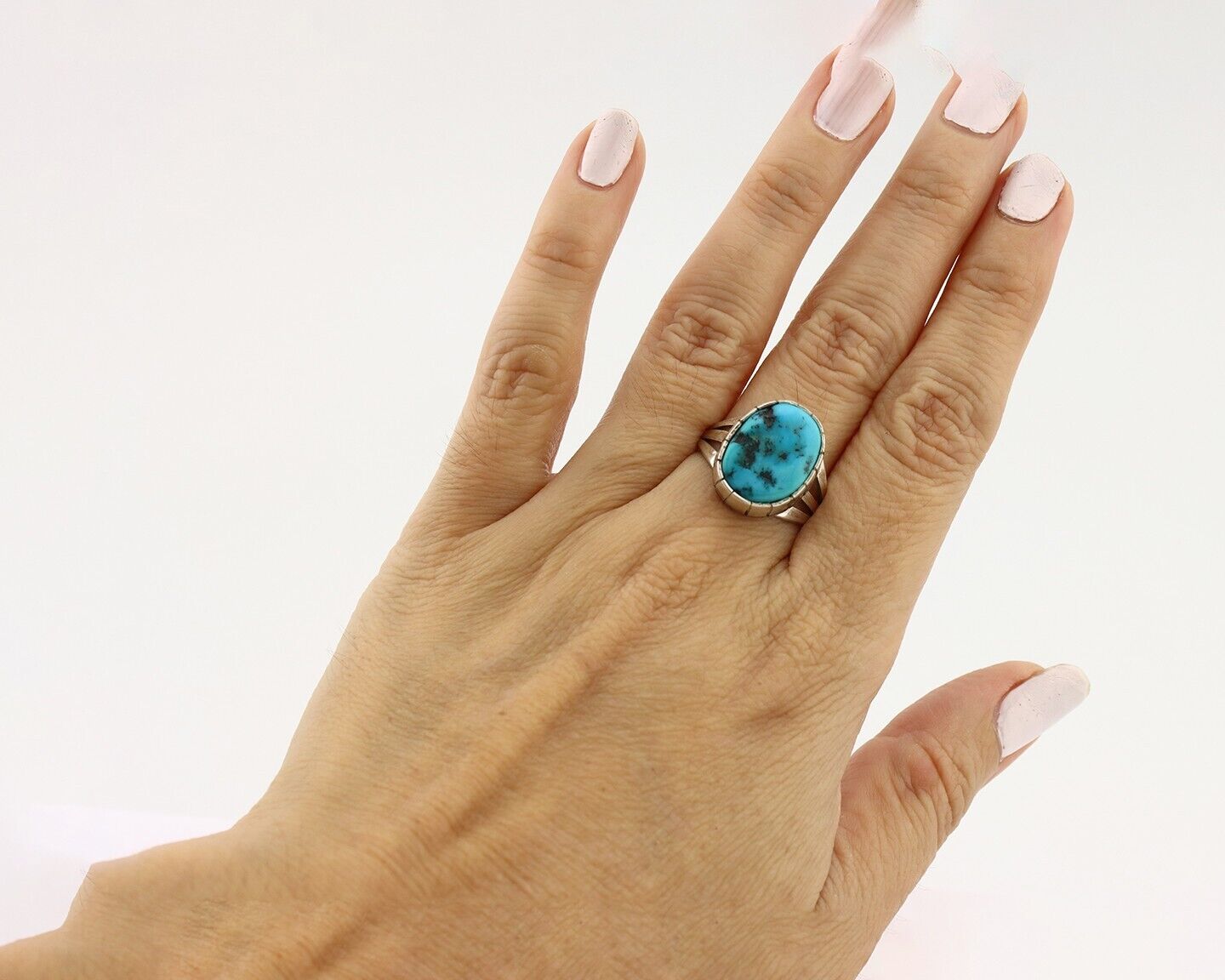 Navajo Ring 925 Silver Sleeping Beauty Turquoise Artist Signed SS C.80's