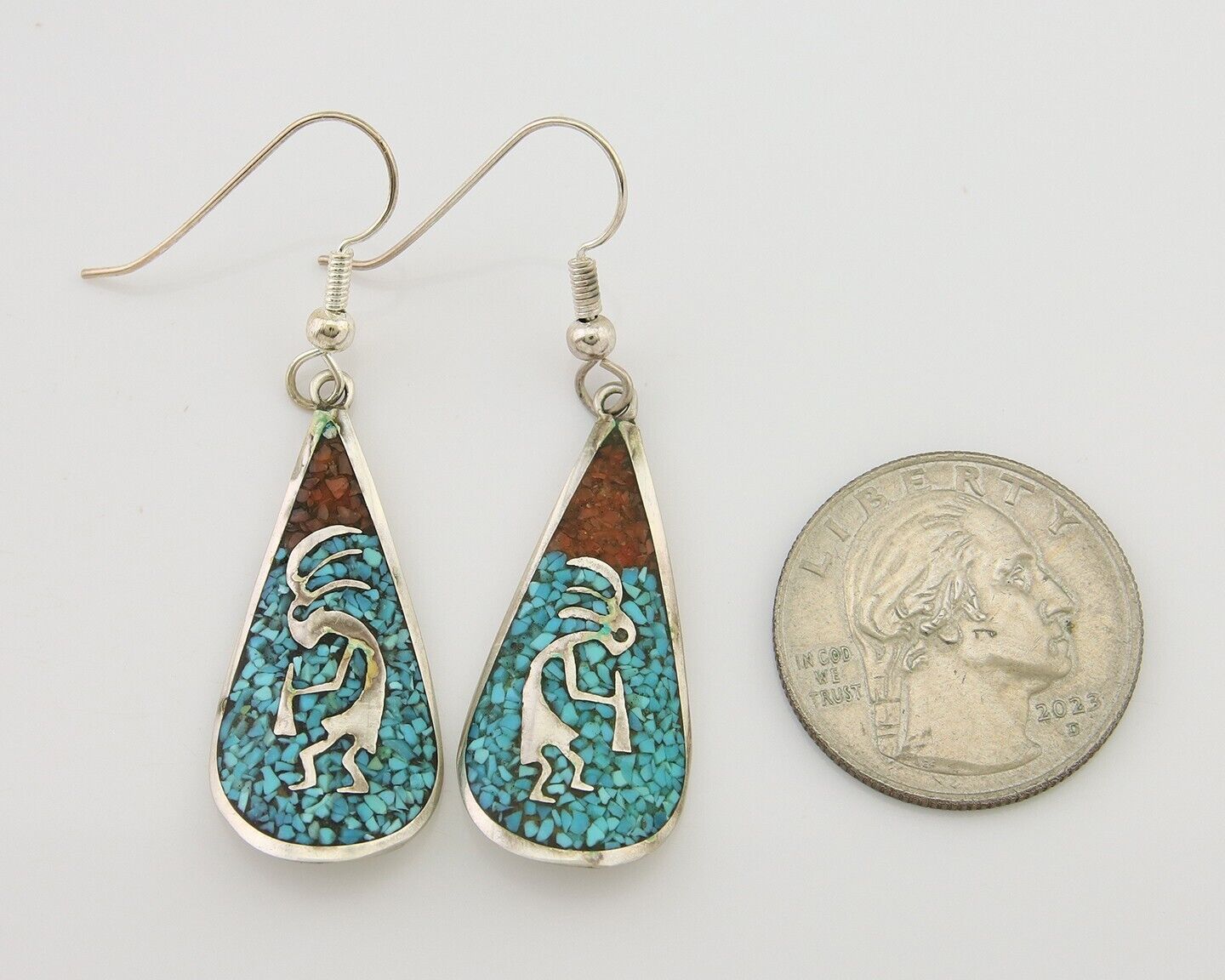 Navajo Kokopelli Earrings 999 Nickel Chip Inlay Turquoise Coral Native American