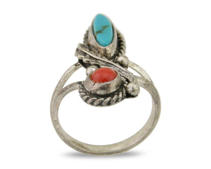 Navajo Handmade Ring 925 Silver Coral & Turquoise Native Artist C.80's