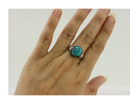 Navajo Handmade Ring 925 Silver Mined Blue Turquoise Native American Artist C80s