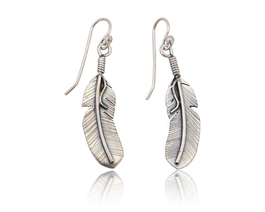 Navajo Eagle Feather Dangle Earrings 925 Silver Native American Artist C.80's