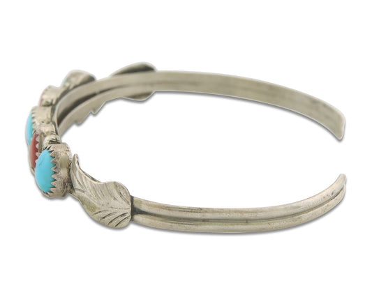 Navajo Bracelet 925 Silver Coral & Turquoise Cuff Signed Keith James C.80's