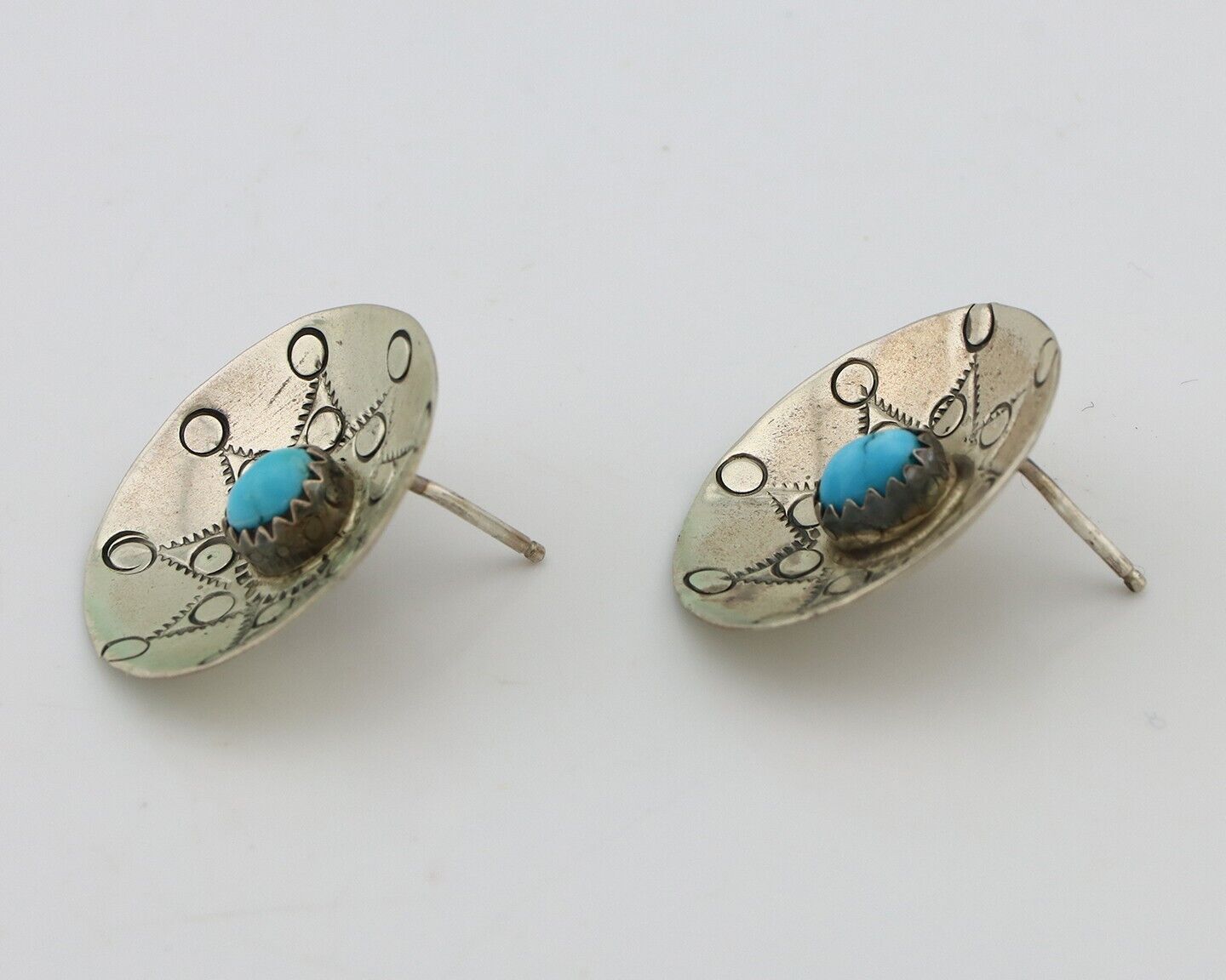 Navajo Hand Stamped Earrings 925 Silver Turquoise Signed Helen Harrison C.80's