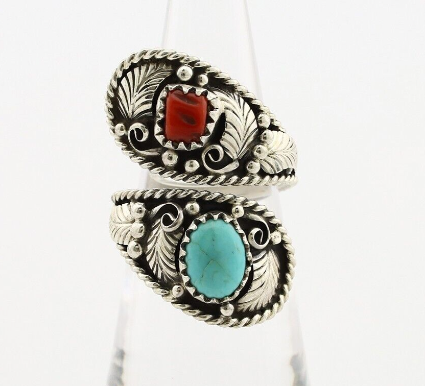 Navajo Adjustable Ring 925 Silver Turquiose & Coral Signed Broken Arrow C.80's