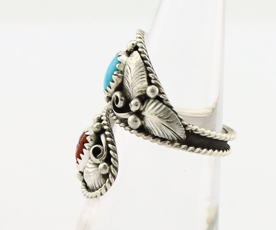 Navajo Adjustable Ring 925 Silver Turquoise & Coral Artist Signed Gecko C.80's
