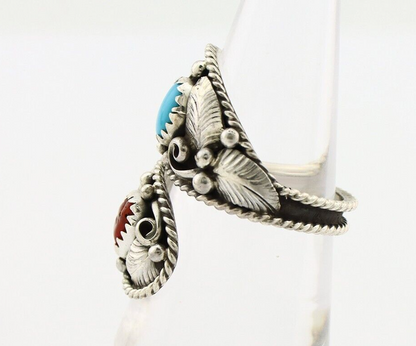 Navajo Adjustable Ring 925 Silver Turquoise & Coral Artist Signed Gecko C.80's
