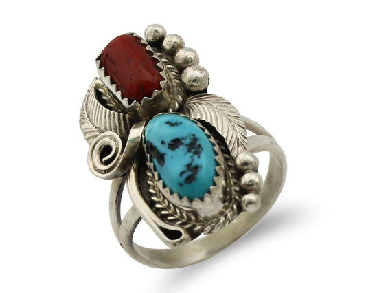 Navajo Ring .925 Silver Turquoise & Coral Artist Signed Justin Morris C.80's