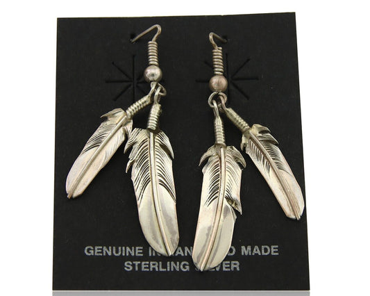 Navajo Earrings 925 Silver Dangle Eagle Feather Native American Artist C.80's