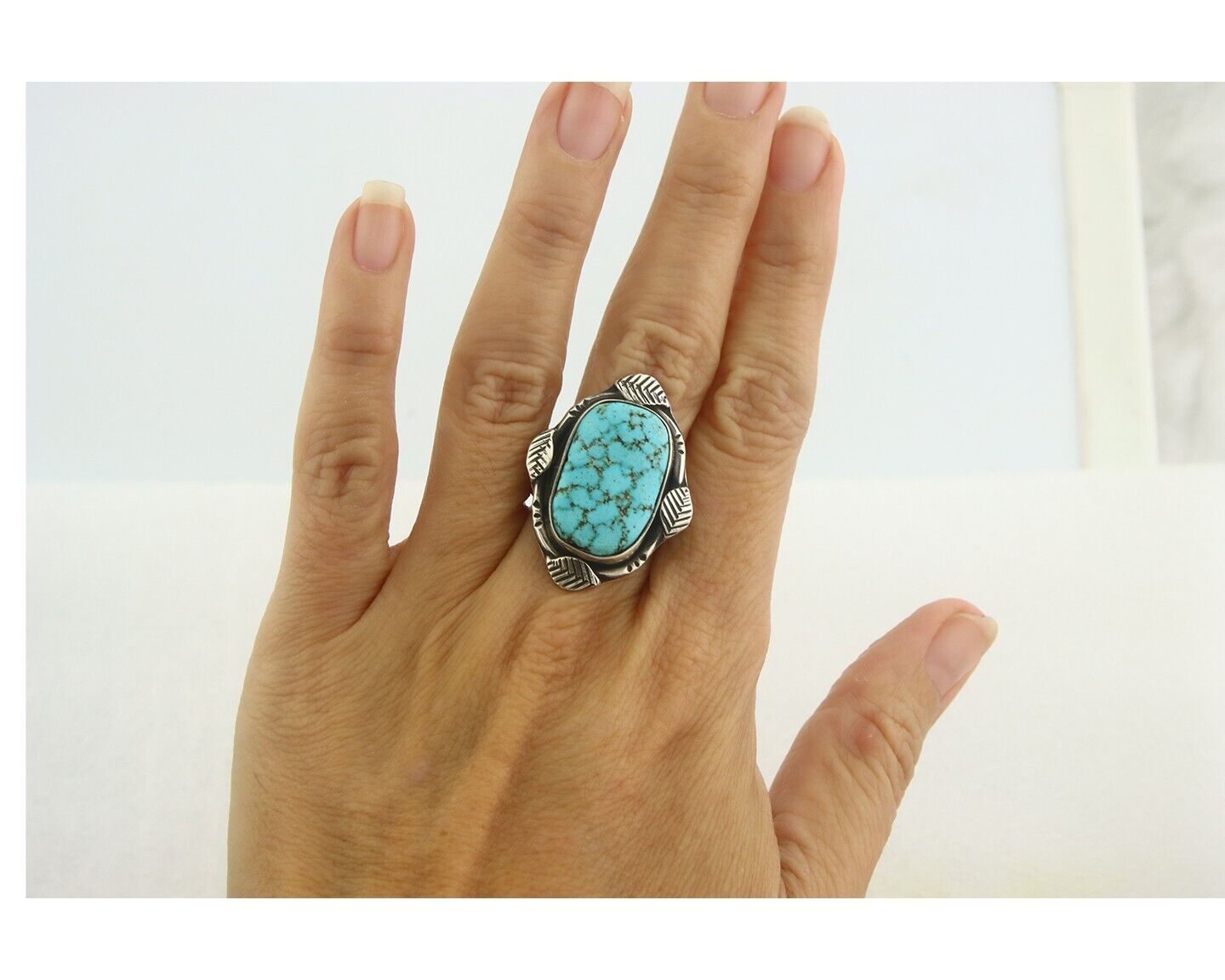 Navajo Ring 925 Sterling Natural Blue Turquoise Native Artist C.80's Size 7.25