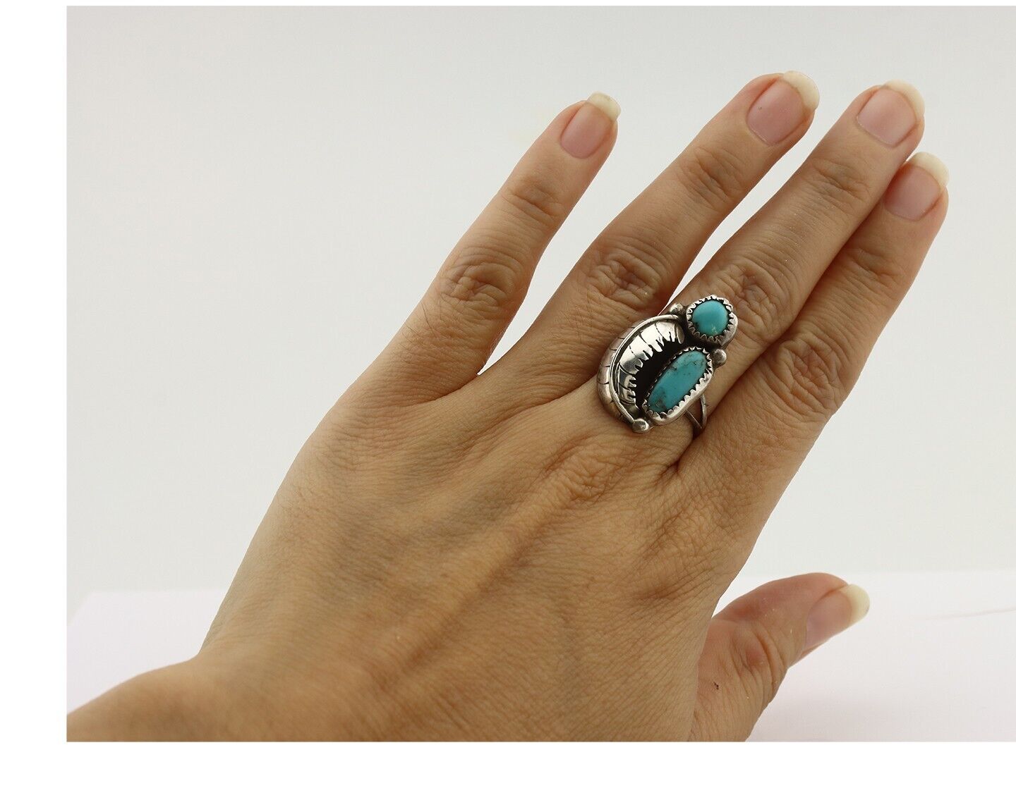 Navajo 2 Stone Ring 925 Silver Kingman Turquoise Native American Artist C.80's