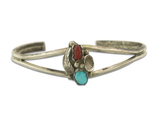 Navajo Bracelet 925 Silver Coral & Turquoise Cuff Signed Keith James C.80's