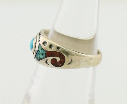 Navajo Ring 925 Silver Turquoise & Coral Natural American Artist C.80's
