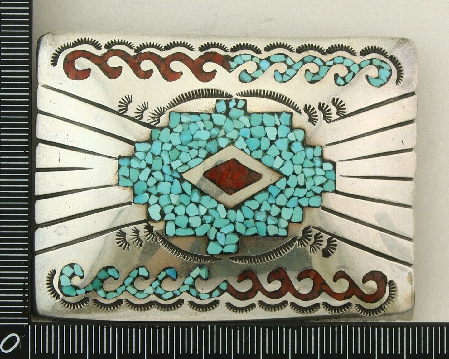 Vintage Navajo Belt Buckle 925 Silver Handmade Inlaid Gemstone Signed IHMJ