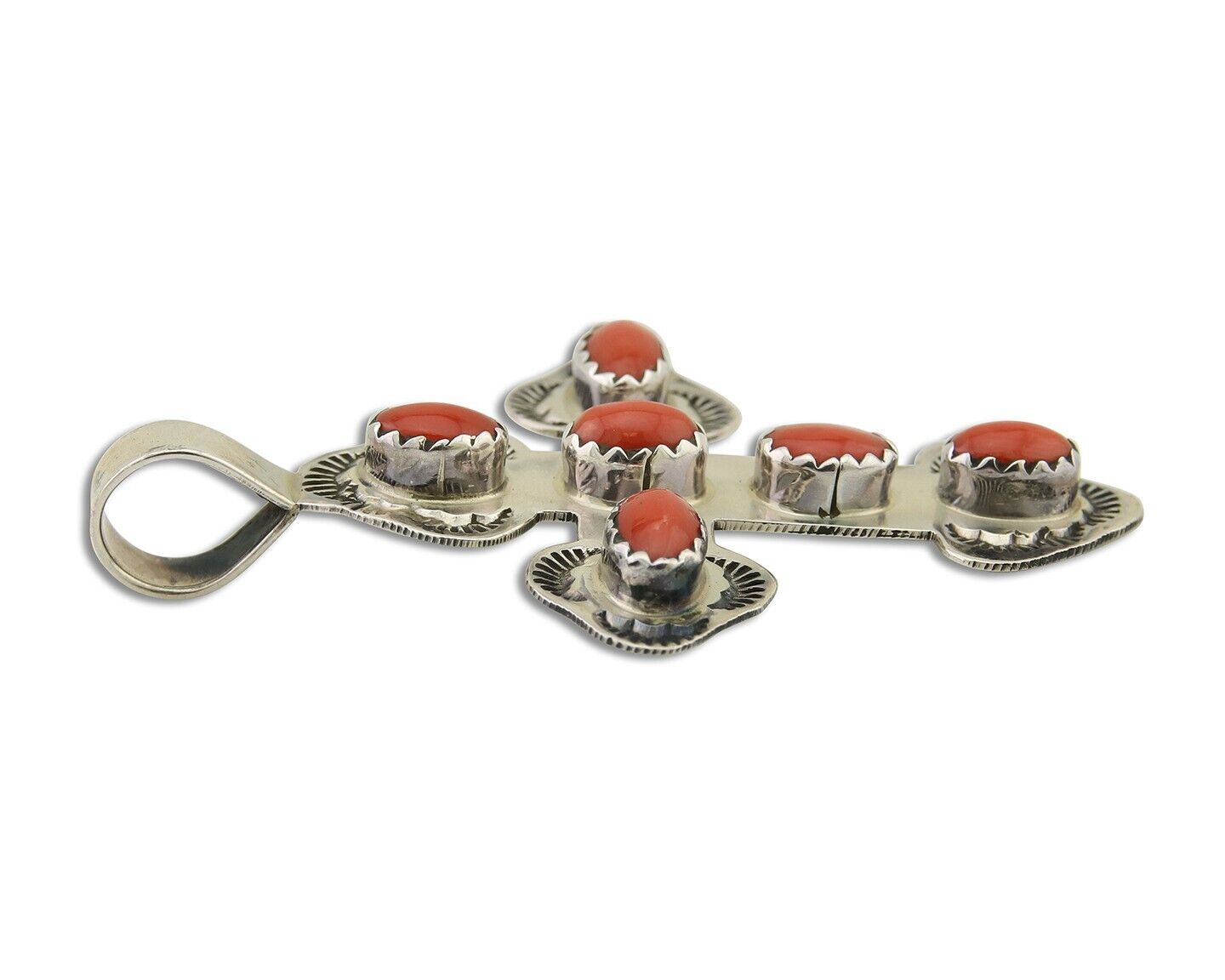 Navajo Cross Pendant 925 Silver Mediterranean Coral Artist Signed CB C.80's