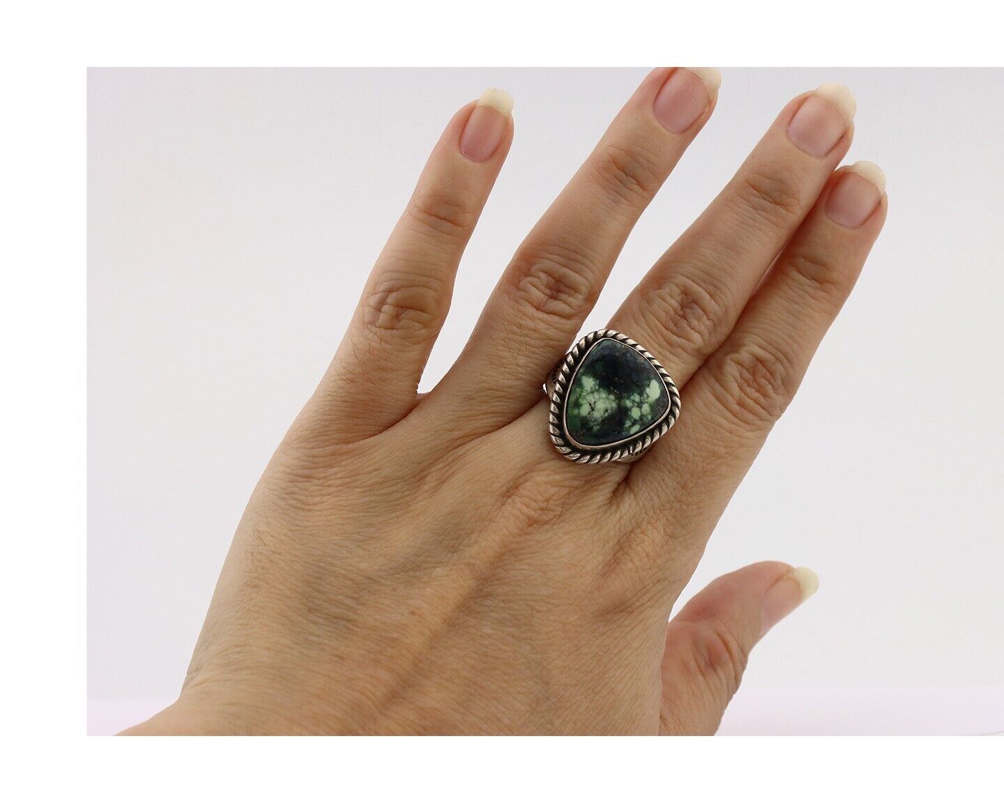 Navajo Ring 925 Silver Green Spiderweb Turquoise Artist Signed Rising Sun C.80's