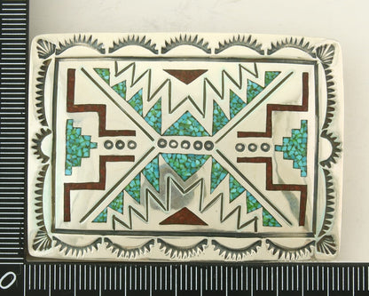 Vintage Navajo Belt Buckle 925 Silver Handmade Inlaid Gemstone Stanely Bain