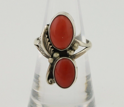 Navajo Ring 925 Silver Natural Mediterranean Coral Artist Signed A C.80's