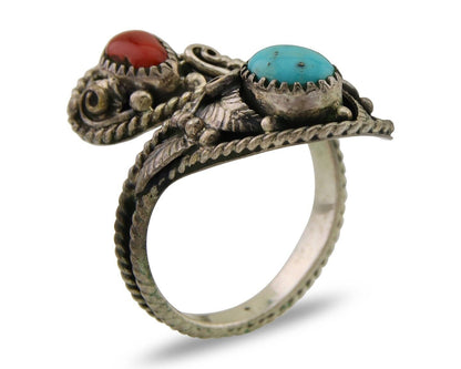 Navajo Ring 925 Silver Turquoise & Coral Artist Signed WB C.80's