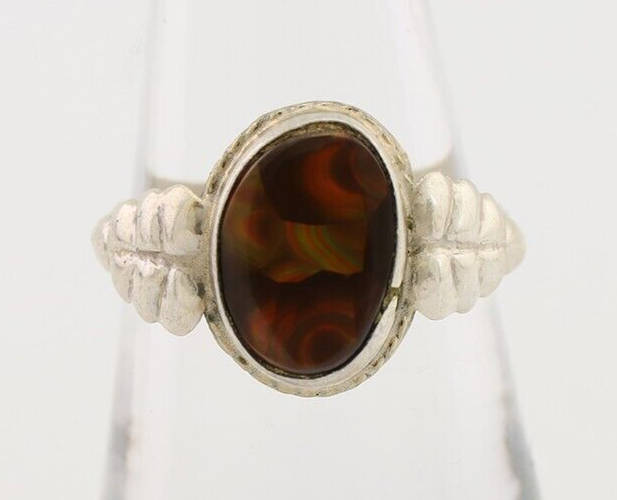Navajo Handmade Ring 925 Silver Natural Fire Opal Native Artist Size 8.25 C.80's