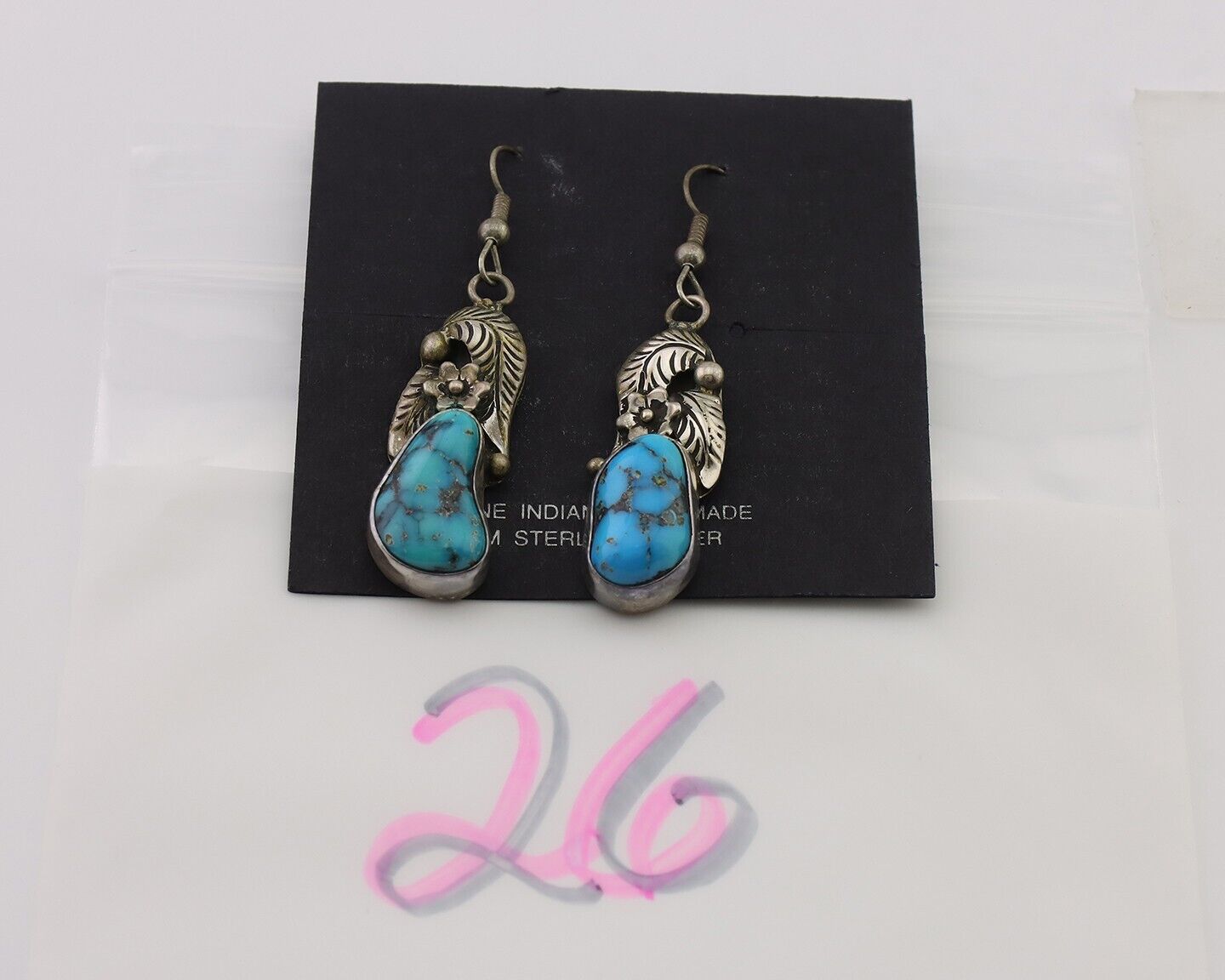 Navajo Handmade Earrings 925 Silver Natural Turquoise Native Artist C.80's