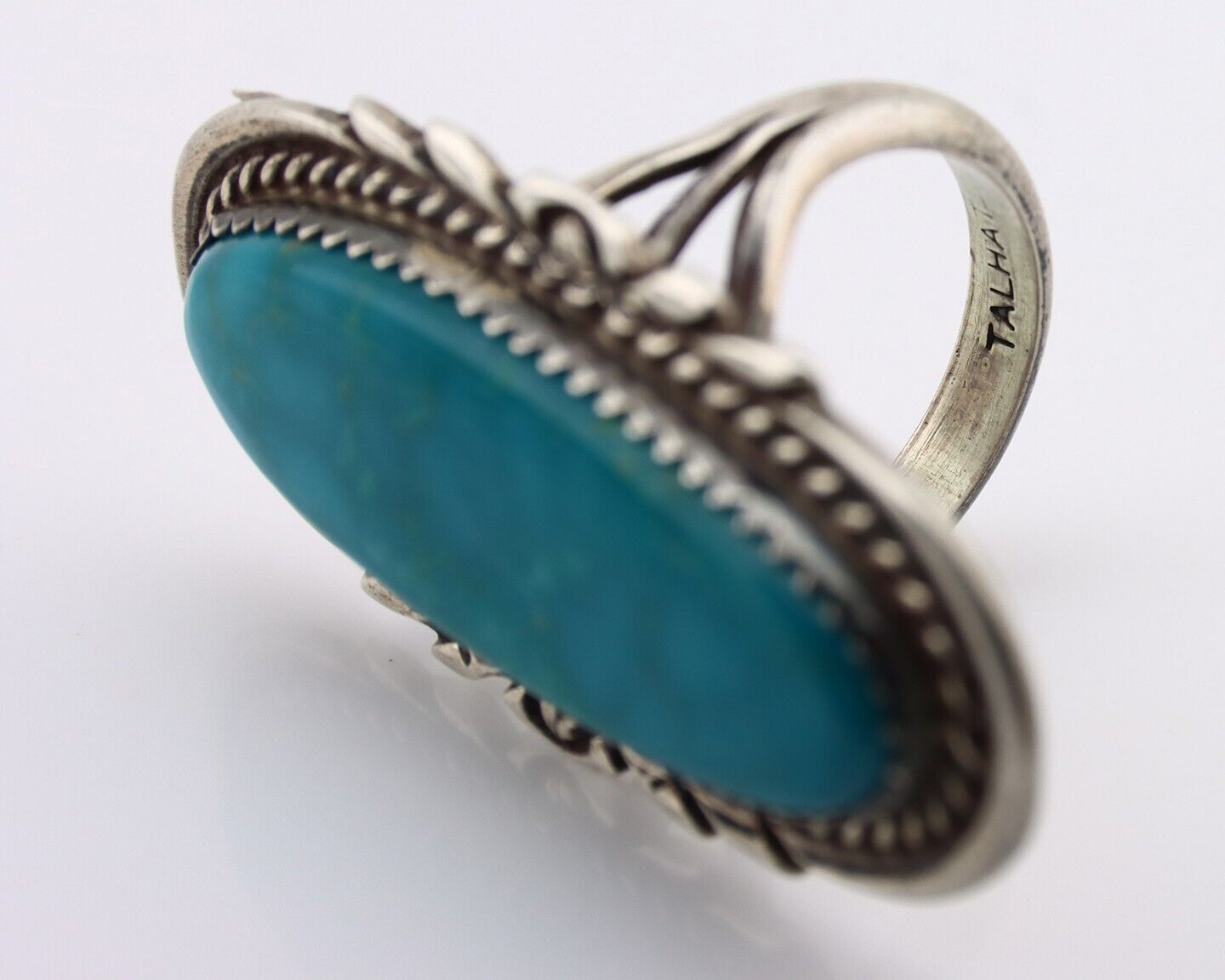 Navajo Ring 925 Silver Natural Blue Turquoise Artist Signed TALHAT C.80's