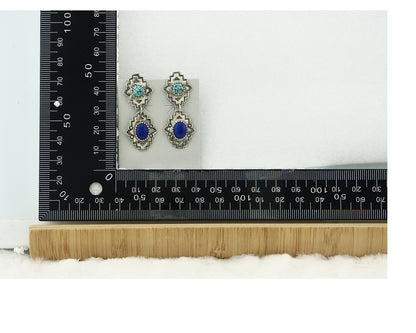 Navajo Earrings Sterling Silver Lapis & Truquoise Vintage Signed Mary Ellen