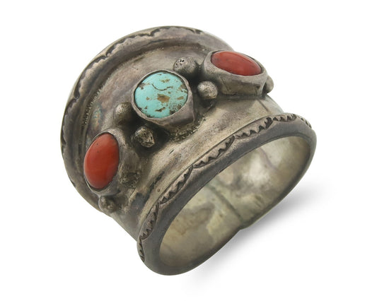 Men Vintage Navajo Ring 925 Sterling Turquoise & Coral Native Artist Size 11
