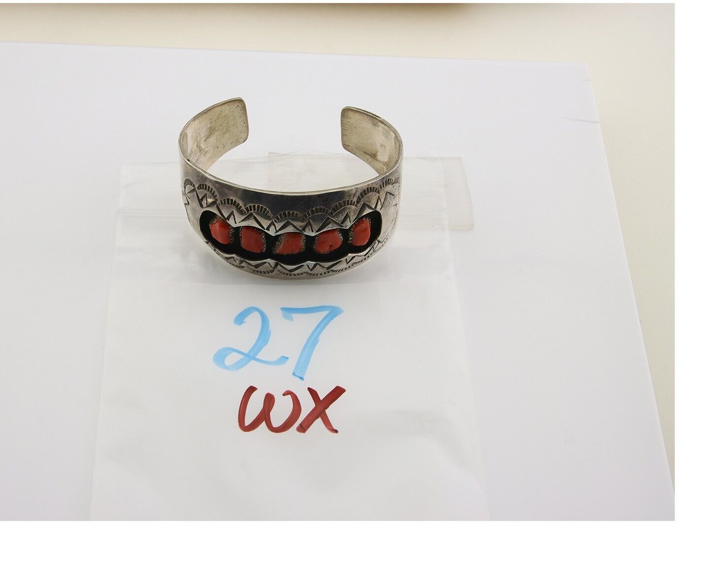 Navajo Bracelet .925 Silver Red Coral Cuff Artist Signed NP C.80's