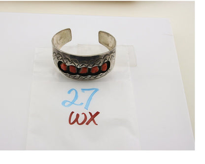 Navajo Bracelet .925 Silver Red Coral Cuff Artist Signed NP C.80's