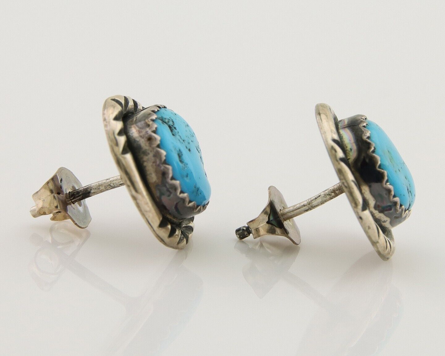 Navajo Hand Stamped Earrings 925 Silver Blue Turquoise Native Artist C.80's