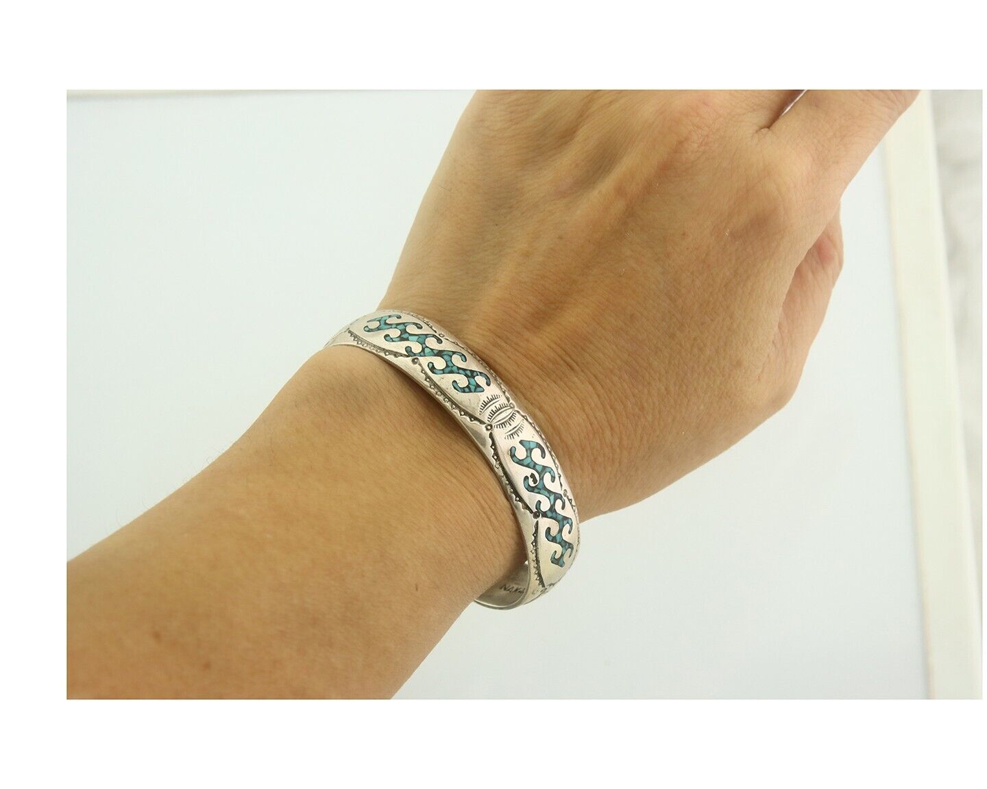 Navajo Bracelet 925 Silver Inlaid Turquoise Cuff Artist Signed NAKAI C.80's