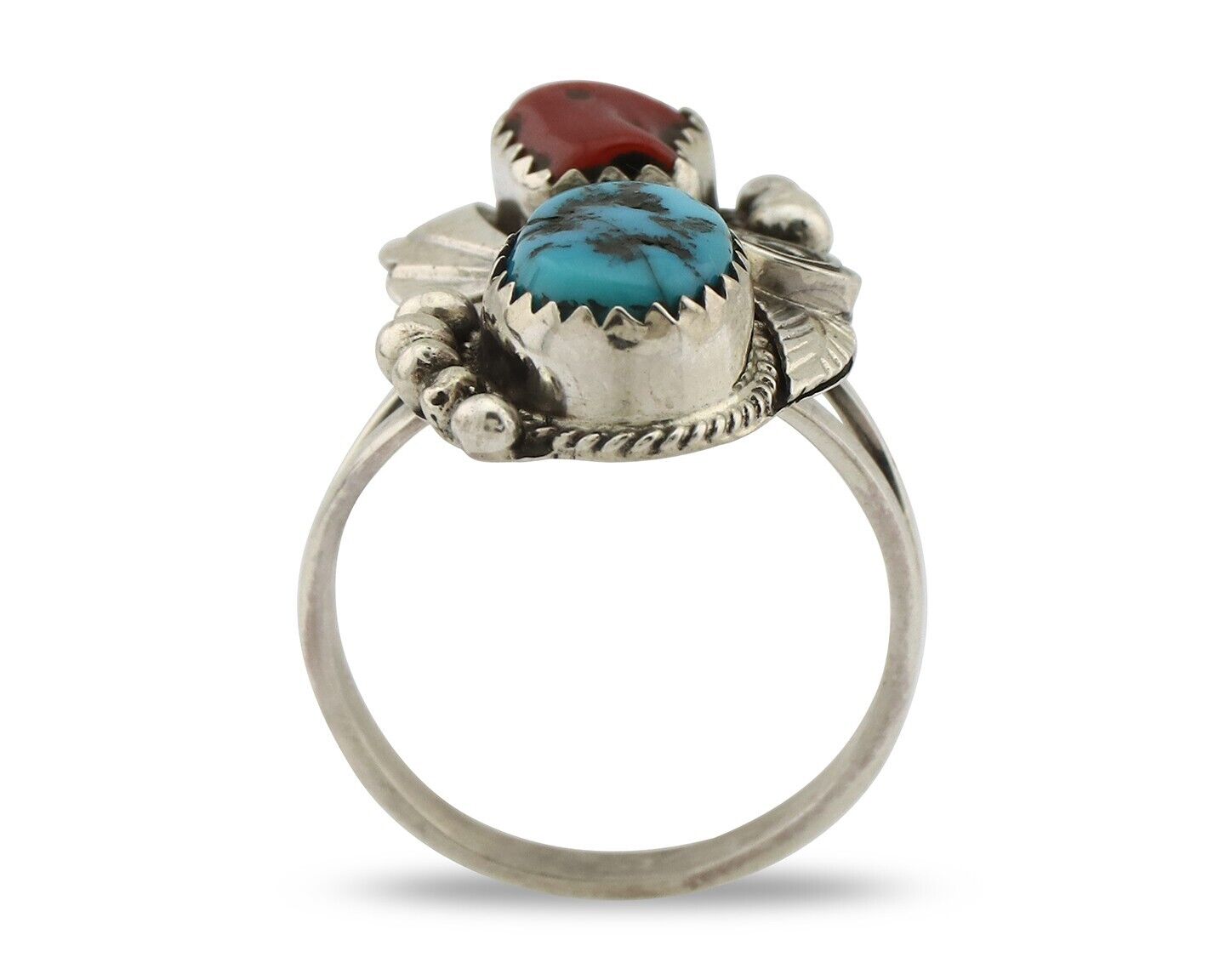 Navajo Ring .925 Silver Turquoise & Coral Artist Signed Justin Morris C.80's