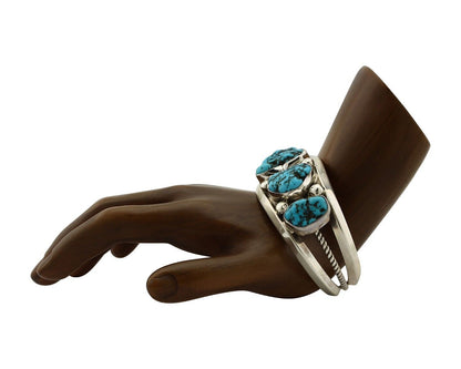 Navajo Bracelet 925 Silver Nugget Sleeping Beauty Turquoise Artist Signed JR C80